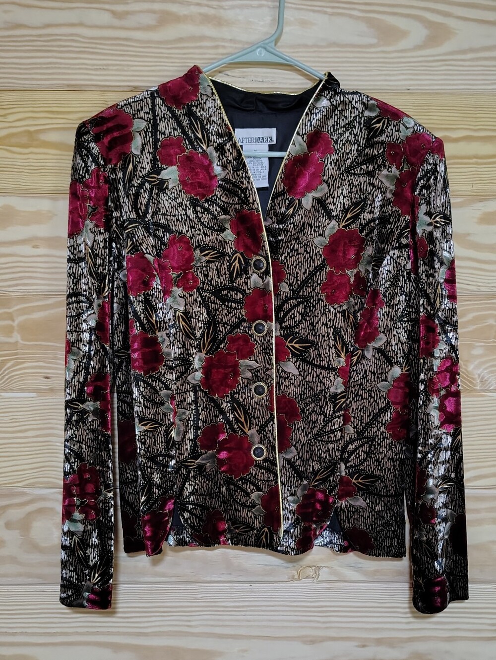 After Dark Vtg Floral Velvet Blazer Size 10 Burgundy Black Gold Button Jacket